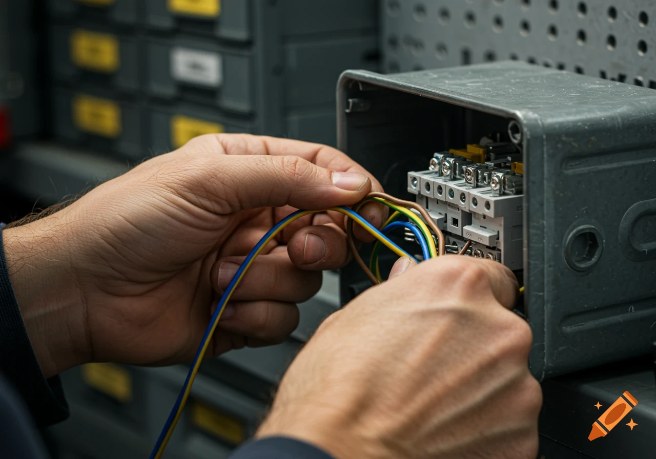 Close-up of a person's hands connecting colored wires to an electrical box during electrical work.