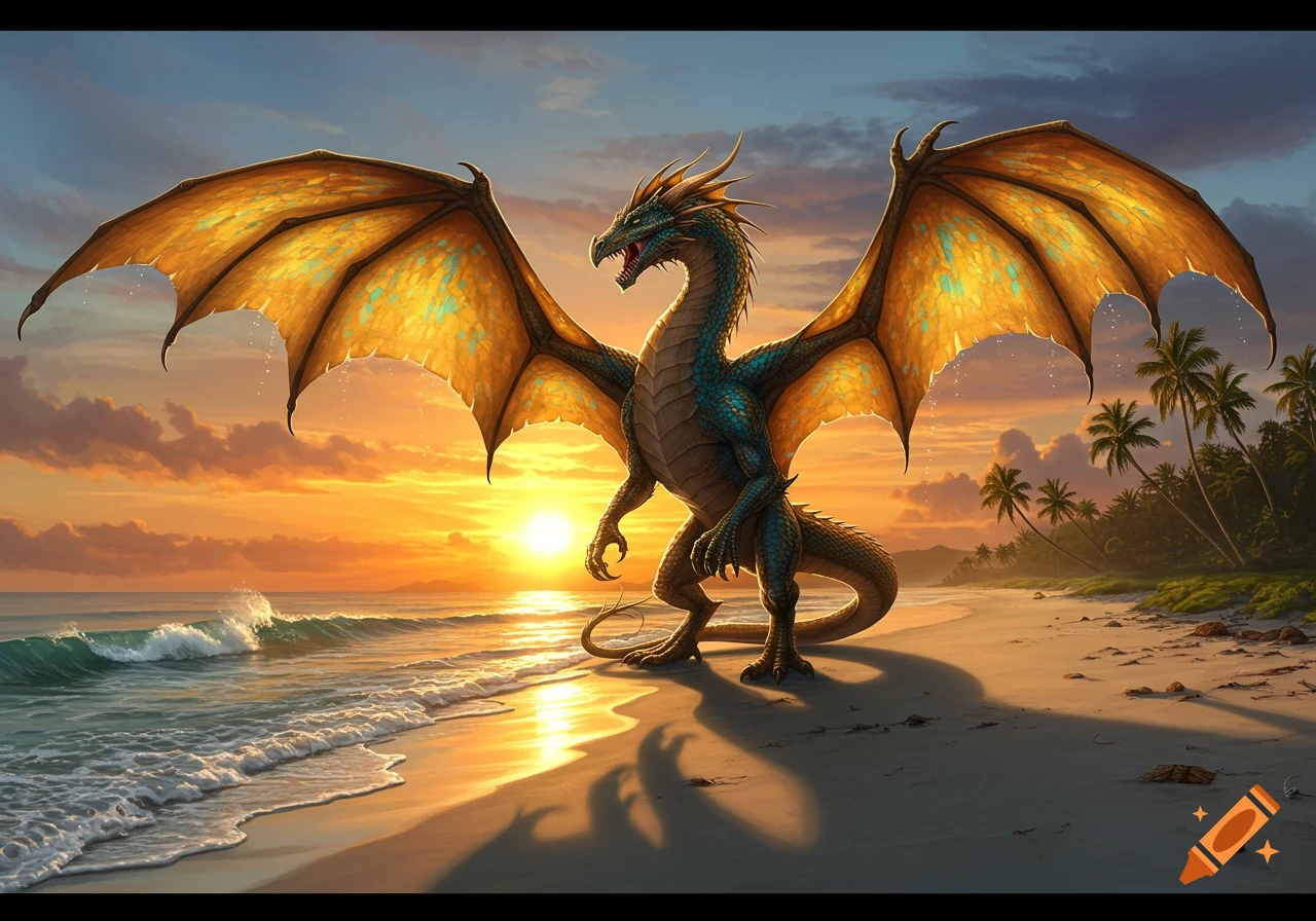 A majestic blue and gold dragon stands on a tropical beach at sunset, with waves crashing and palm trees in the background.