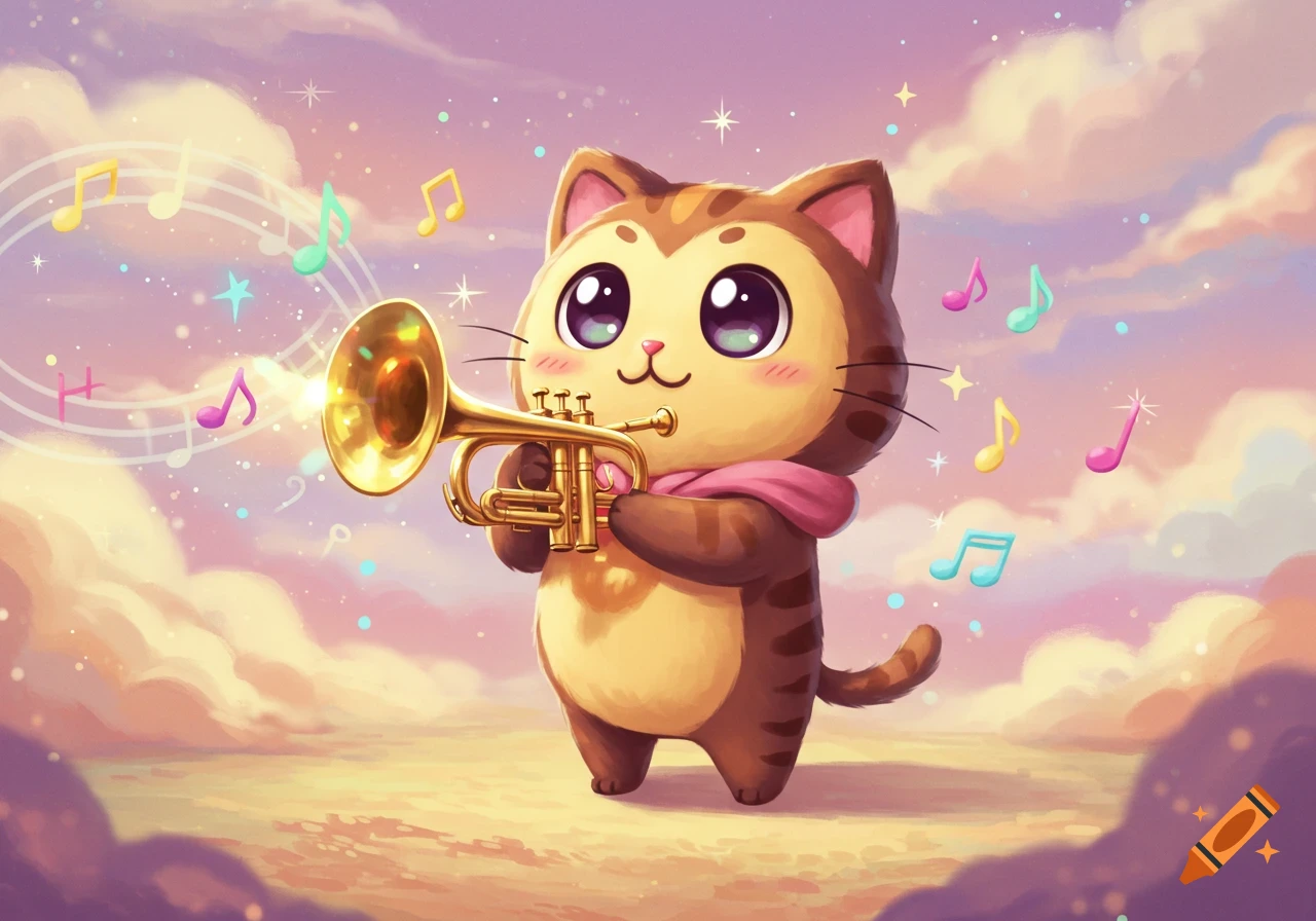 A cute cartoon cat with large eyes plays a golden trumpet, surrounded by musical notes in a pastel cloudy sky.