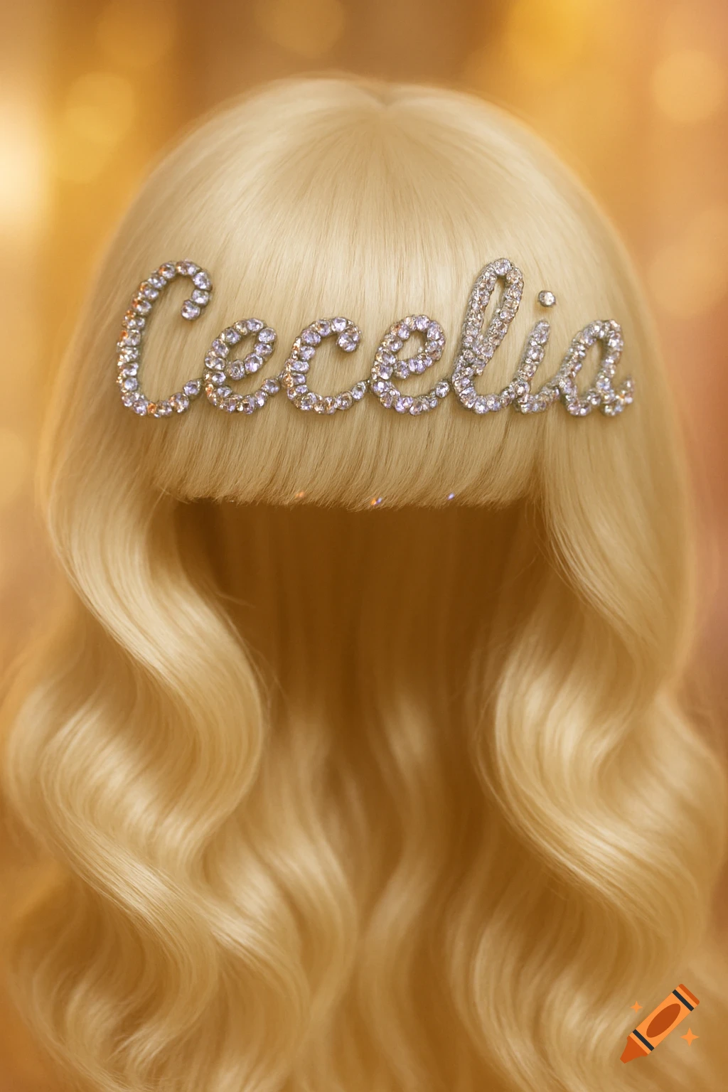 A blonde wig with bangs and wavy hair, adorned with the name 'Cecelia' spelled out in sparkling rhinestones.