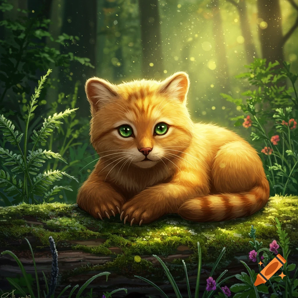 An adorable orange tabby kitten with bright green eyes lies on a mossy log in an enchanted forest with sunbeams filtering through.