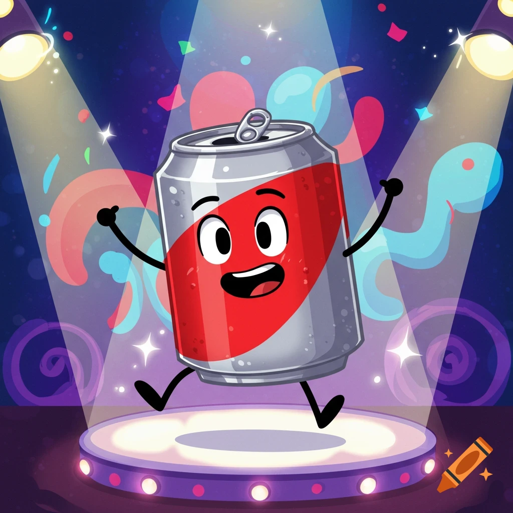 A happy cartoon soda can character with a red stripe, arms, and legs dances on a spotlight stage with confetti.