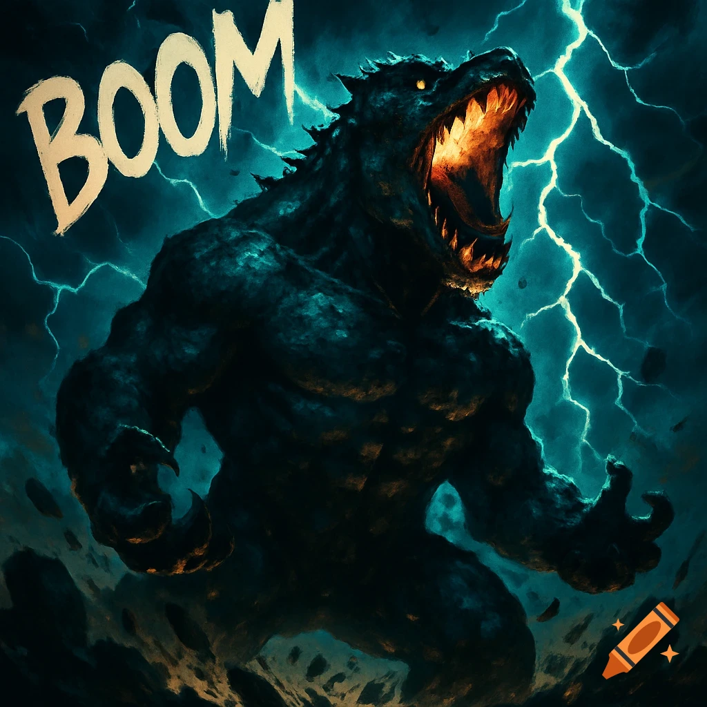 A large, dark monster with glowing eyes and an open, roaring mouth lunges forward under a stormy sky with lightning, and the word "BOOM" in comic book style text above it.