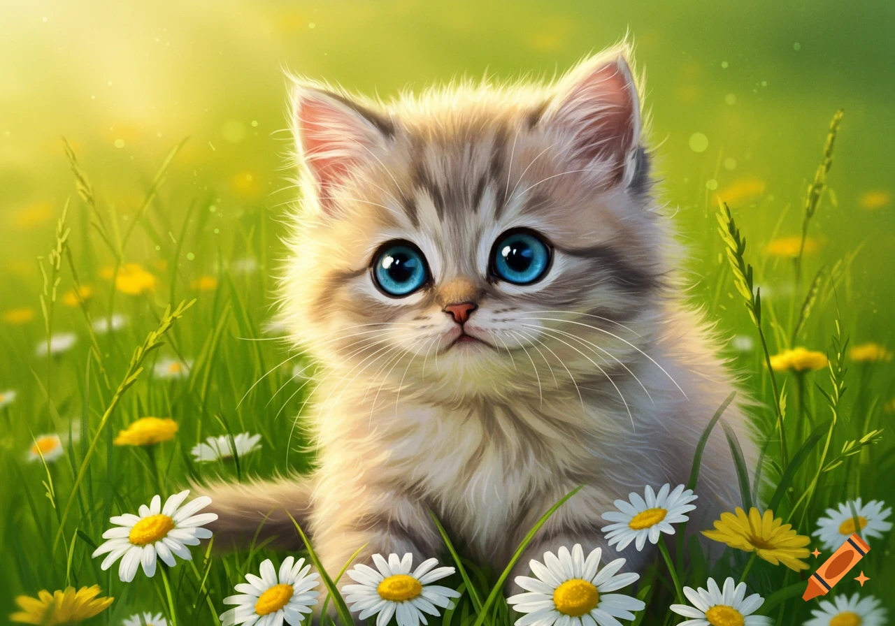 A fluffy, blue-eyed kitten sits in a vibrant green field with white and yellow daisies in a cute, stylized illustration.