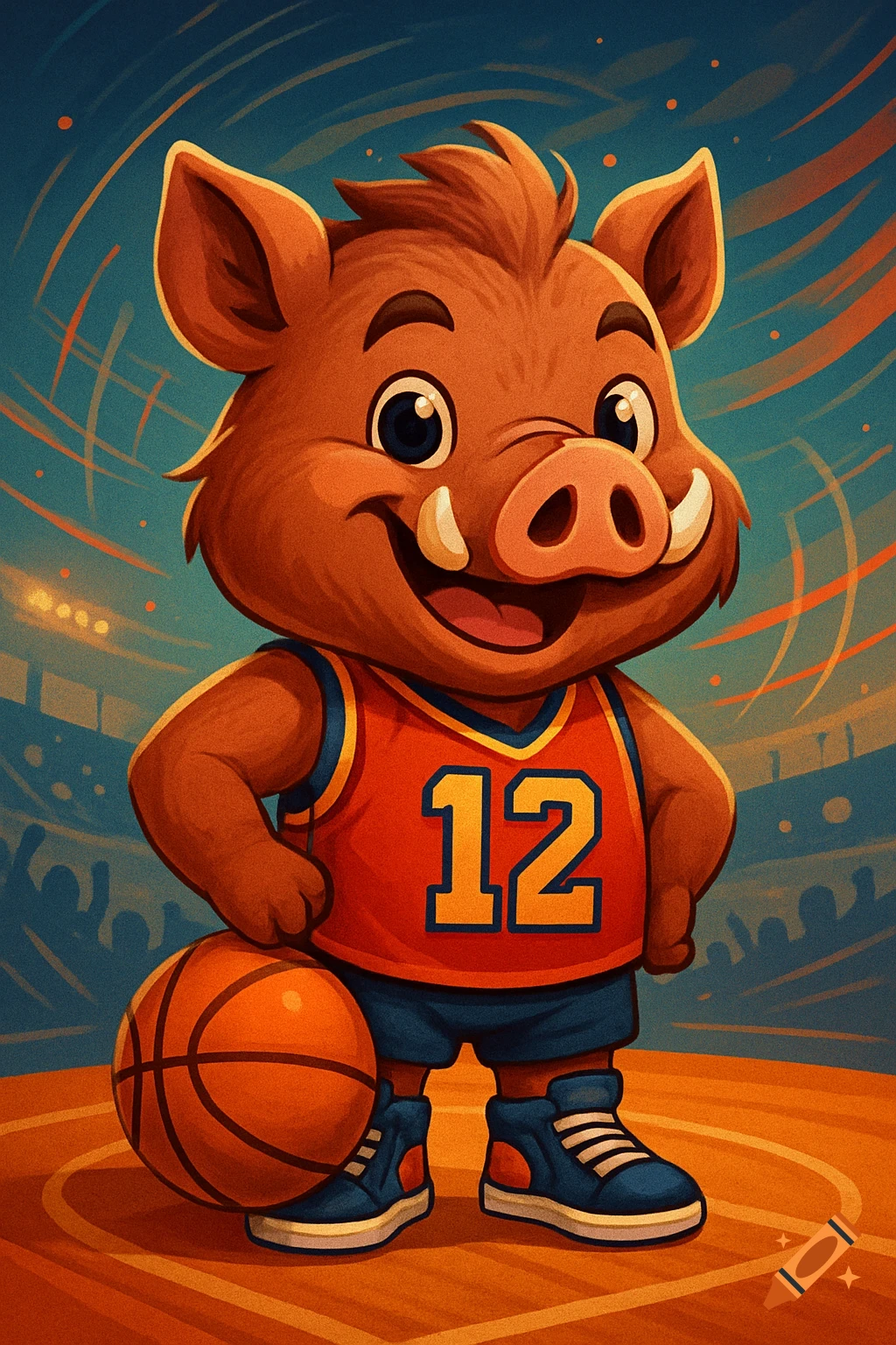 A cute cartoon hog wearing an orange basketball jersey with the number 12, blue shorts, and sneakers, holding a basketball on a court.