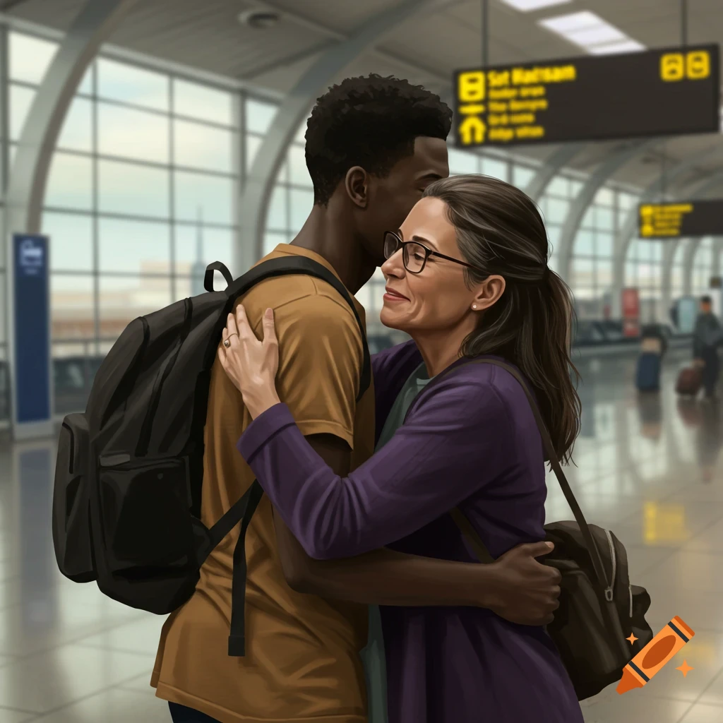 A Black man in a mustard shirt and a white woman with glasses hug affectionately in a bustling airport terminal.