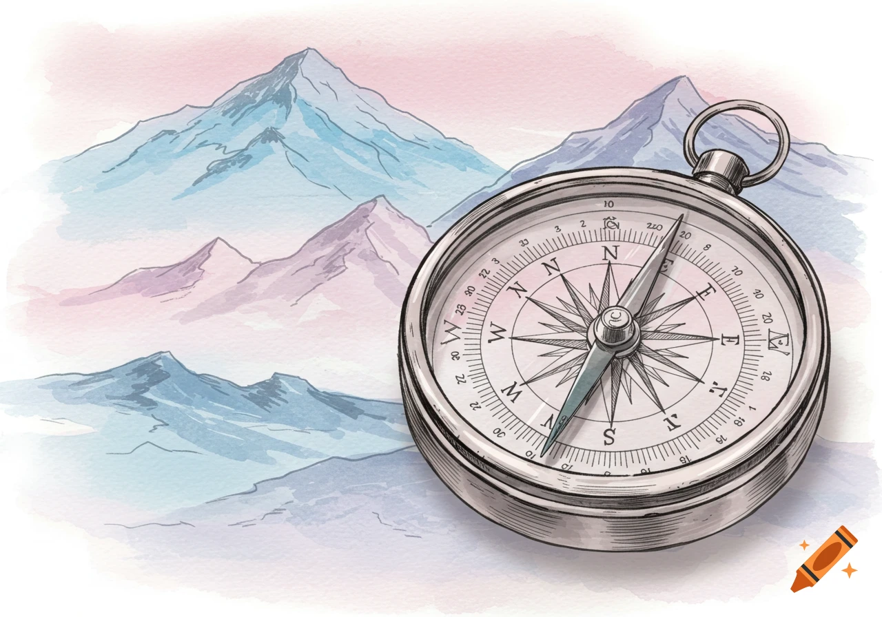 Watercolor illustration of a detailed compass with a needle pointing north, set against a backdrop of blue and purple mountains.