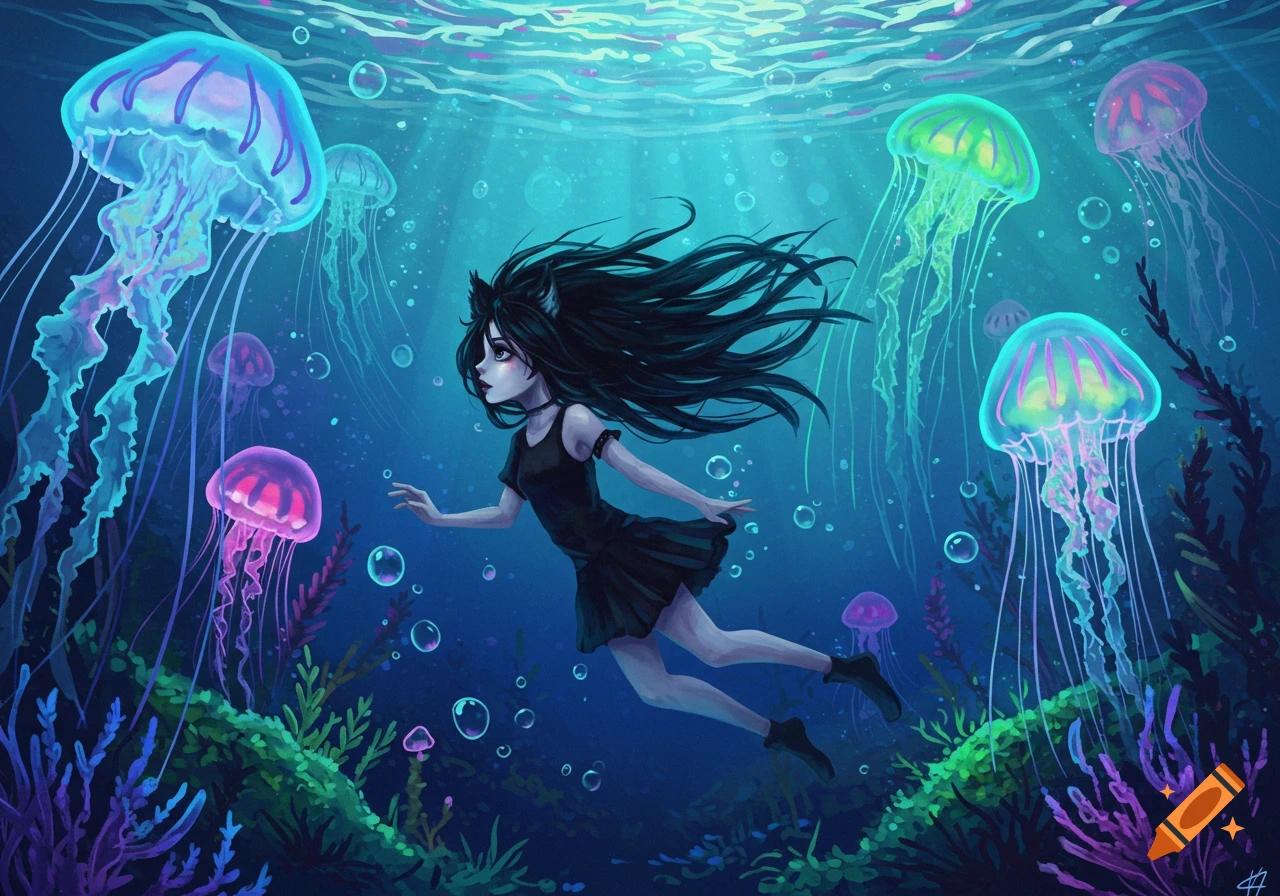 A black-haired girl with animal ears swims gracefully in a deep blue ocean, surrounded by glowing, colorful jellyfish and vibrant undersea plants in an anime art style.