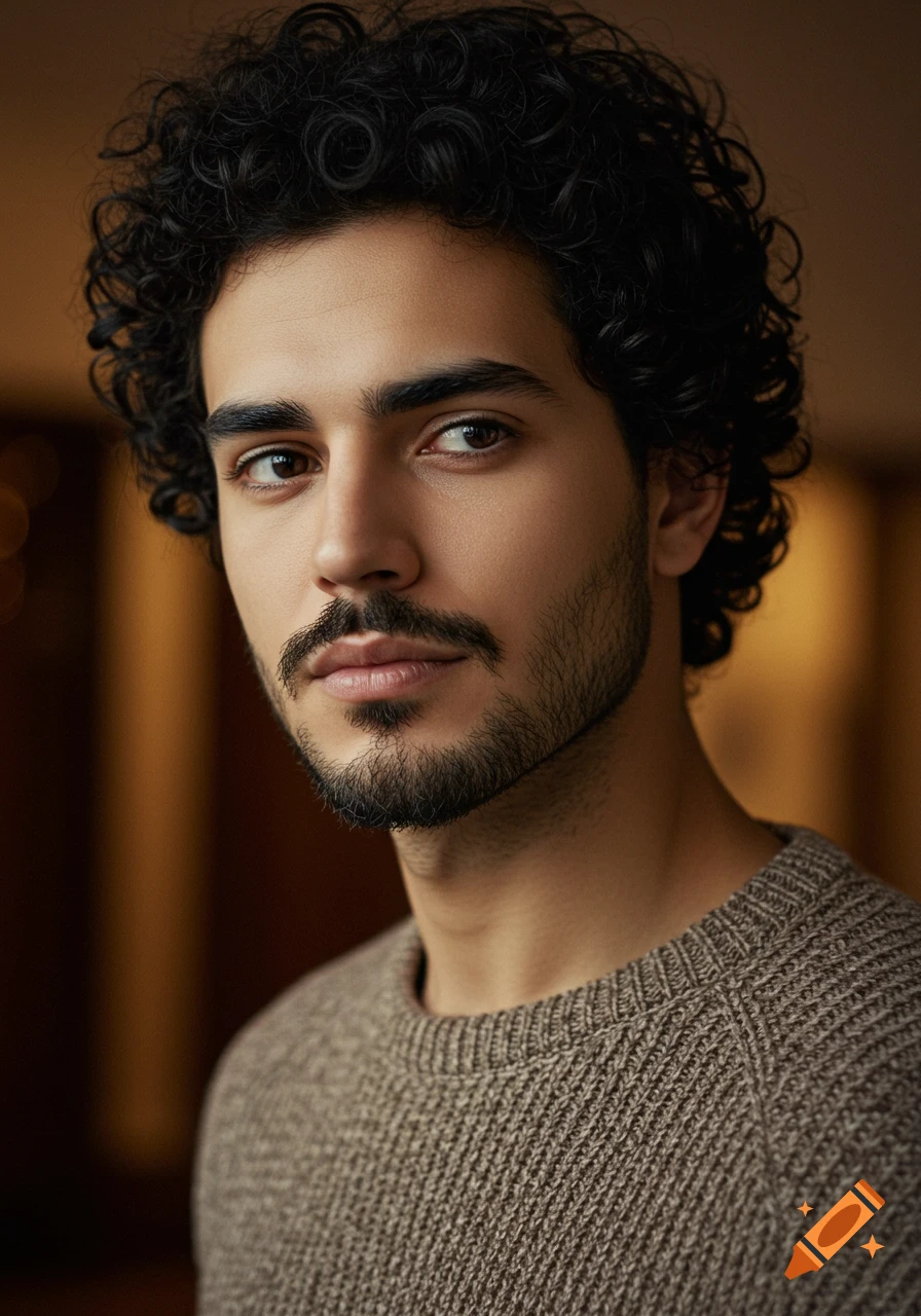 Close-up portrait of a handsome young man with dark curly hair and a short beard, wearing a brown sweater, looking slightly to the left.