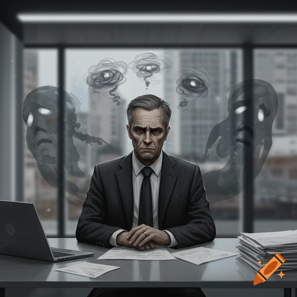 A worried man in a suit sits at an office desk, surrounded by shadowy figures representing negative thoughts.