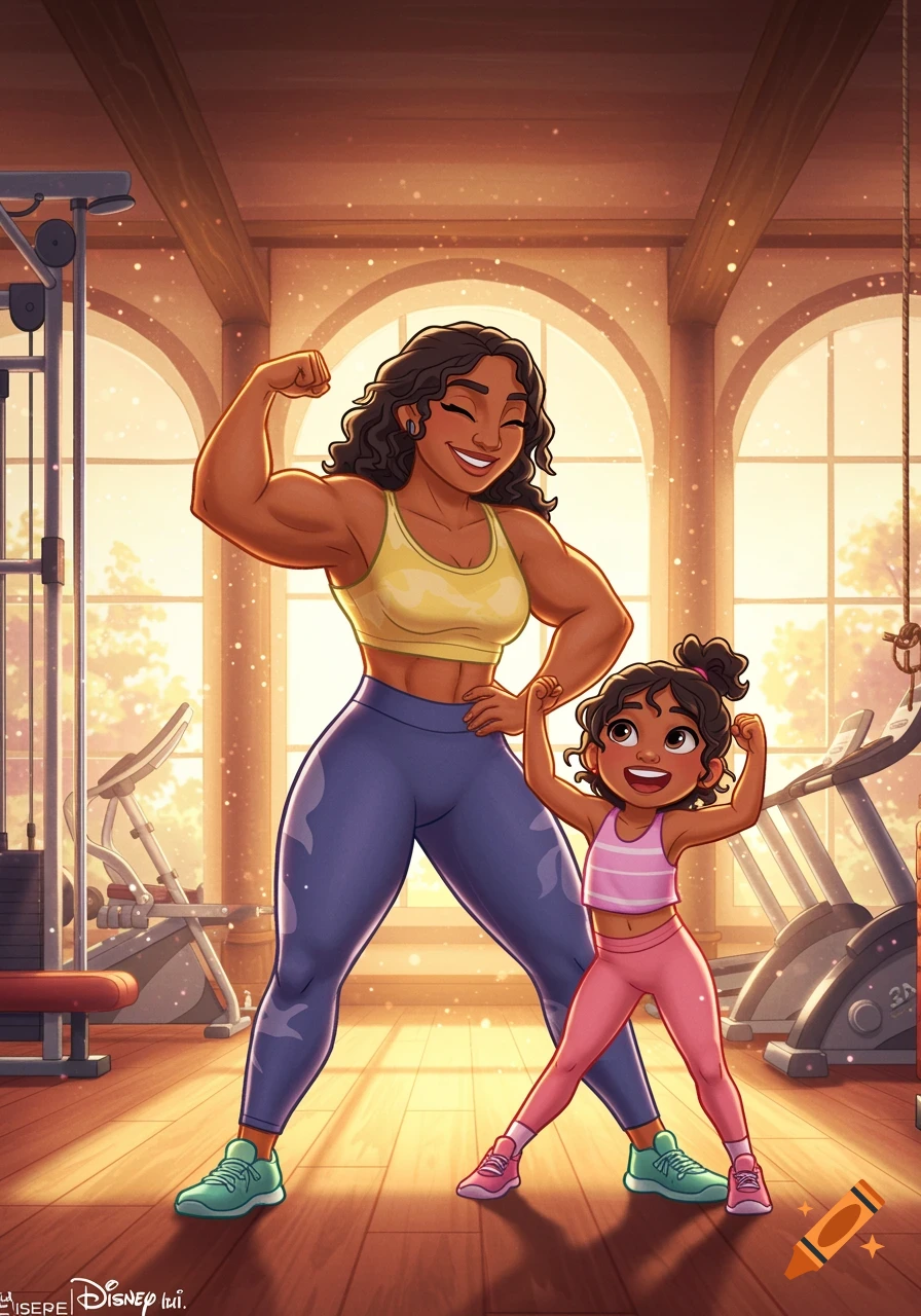 A muscular woman and a little girl flex their biceps happily in a bright cartoon gym.