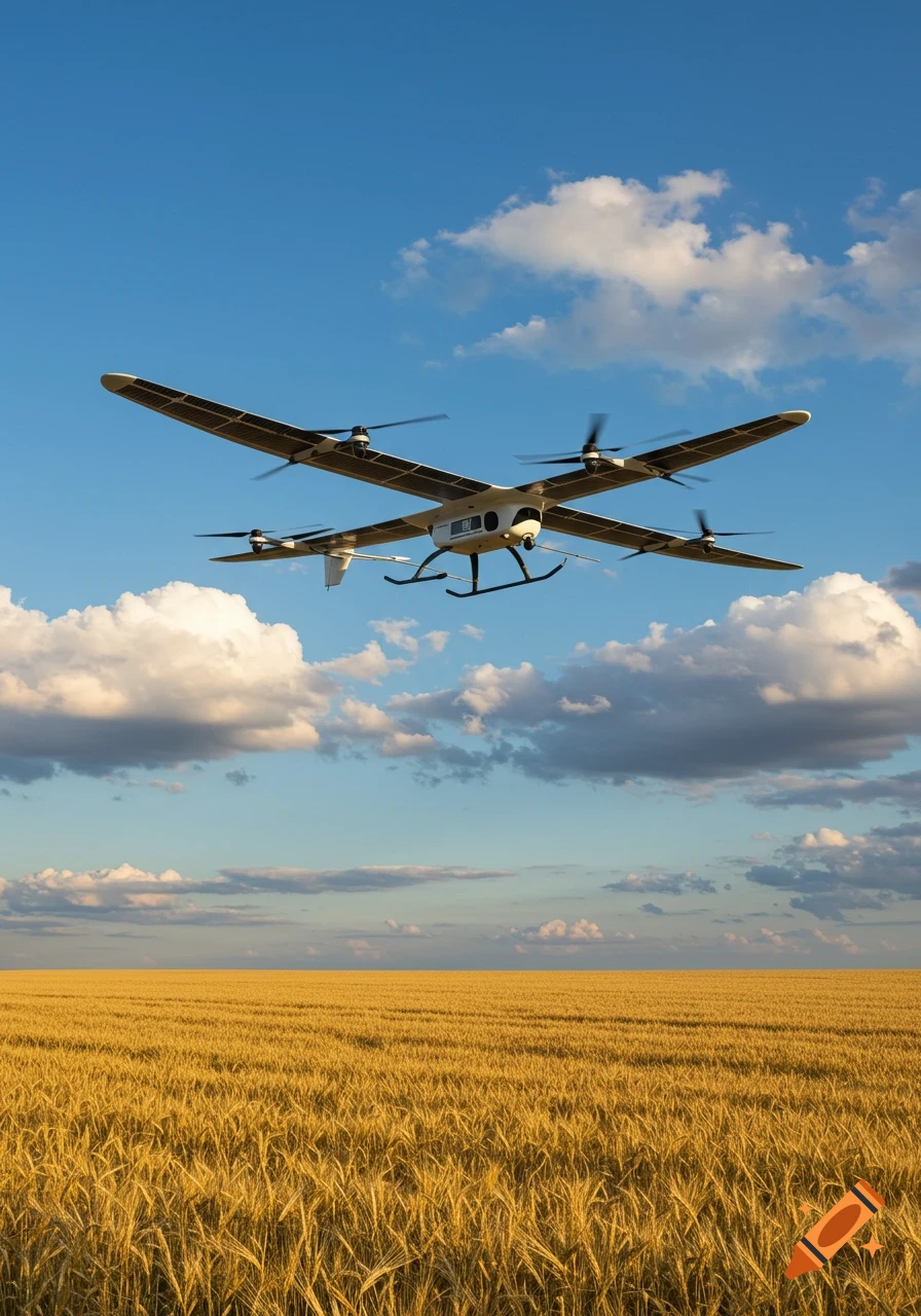 A photorealistic image of a solar-powered drone flying over a golden wheat field under a blue sky with scattered clouds.