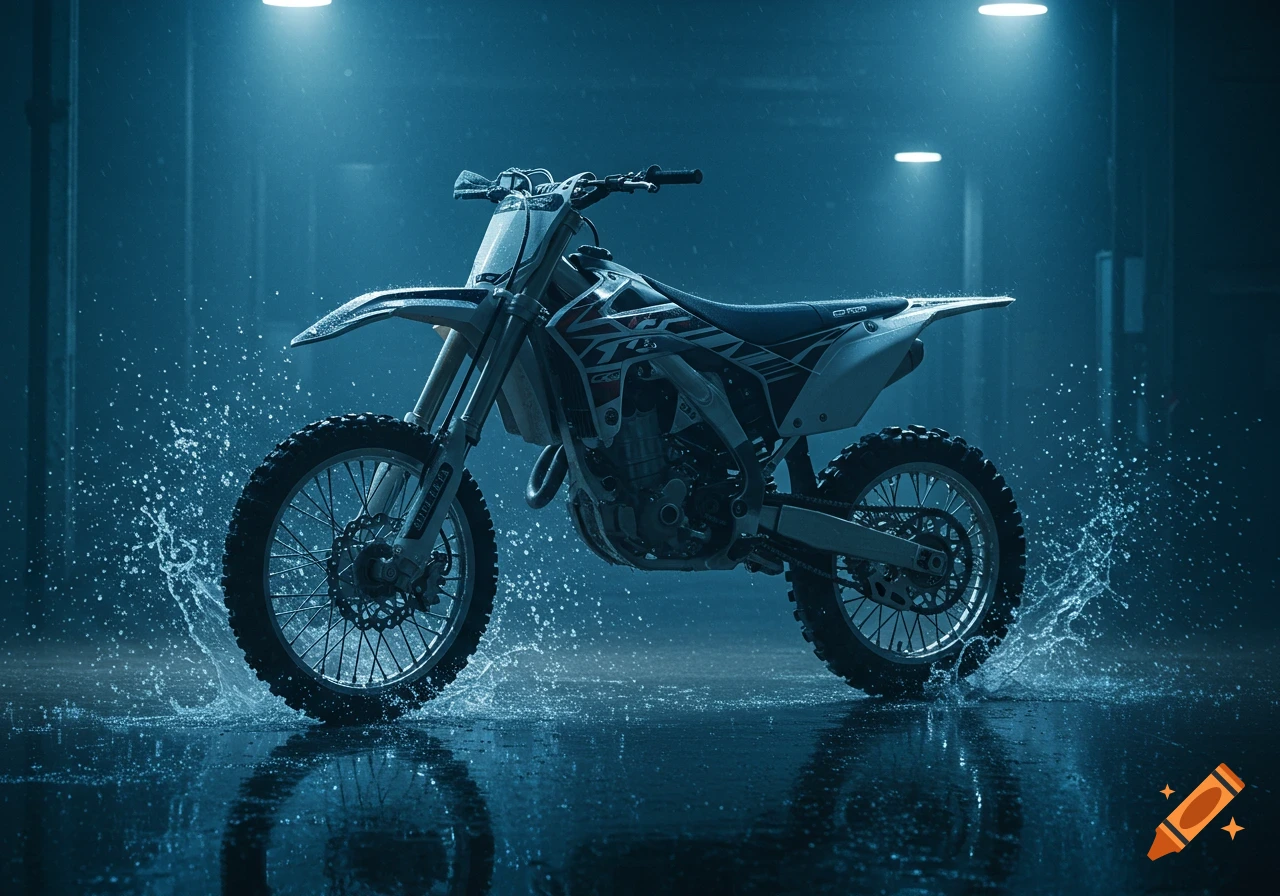 A photorealistic dirt bike splashes through puddles in a dark, rainy setting with blue lighting.
