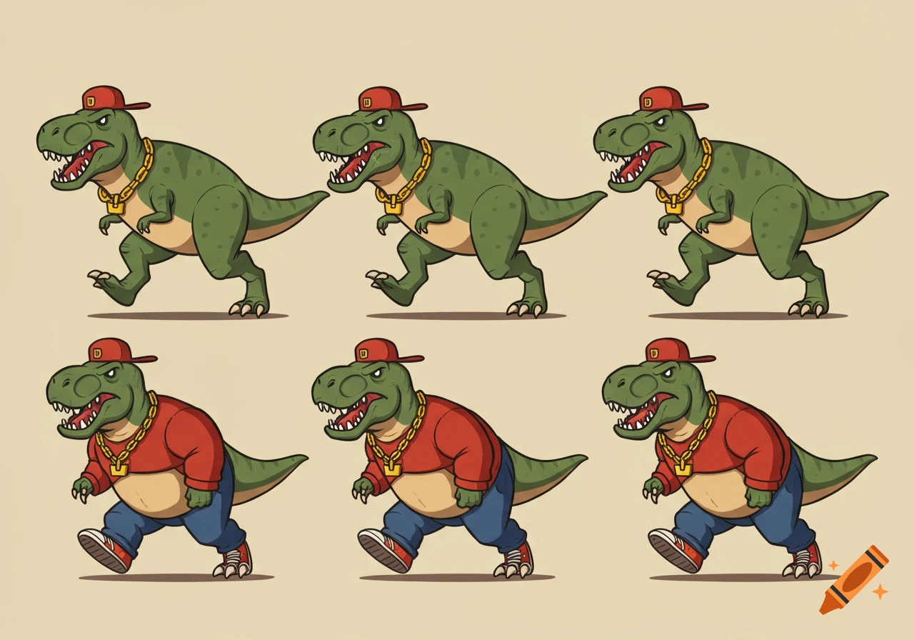 Six cartoon T-rexes with red baseball caps and gold chains. Three are green, and three wear red shirts and blue jeans, all in a walking pose.