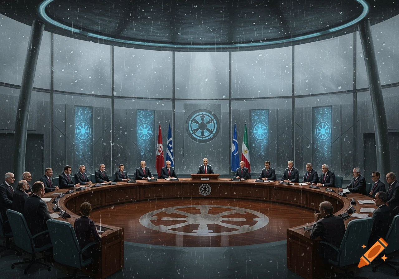 A formal meeting of men in suits in a futuristic, circular room with a Galactic Empire symbol and rainy windows.