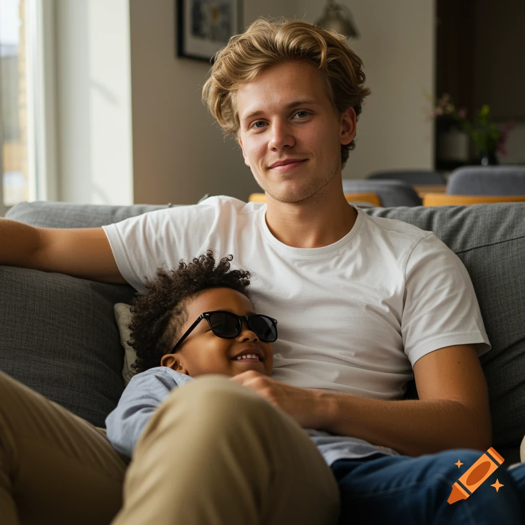 A blonde man sits on a grey couch with a smiling child in sunglasses resting on his lap.