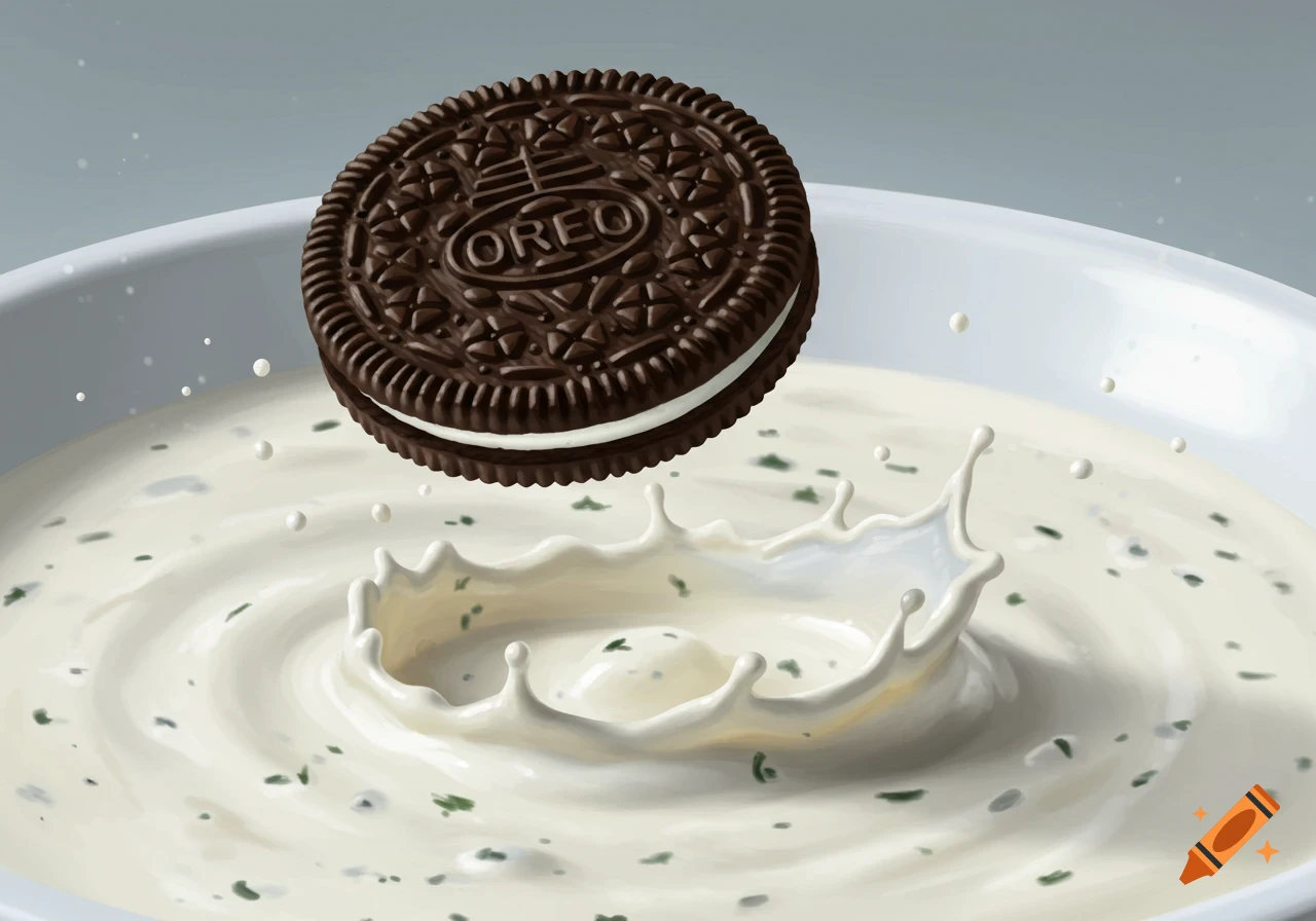 A photorealistic Oreo cookie splashes into a bowl of white ranch dressing with green specks.