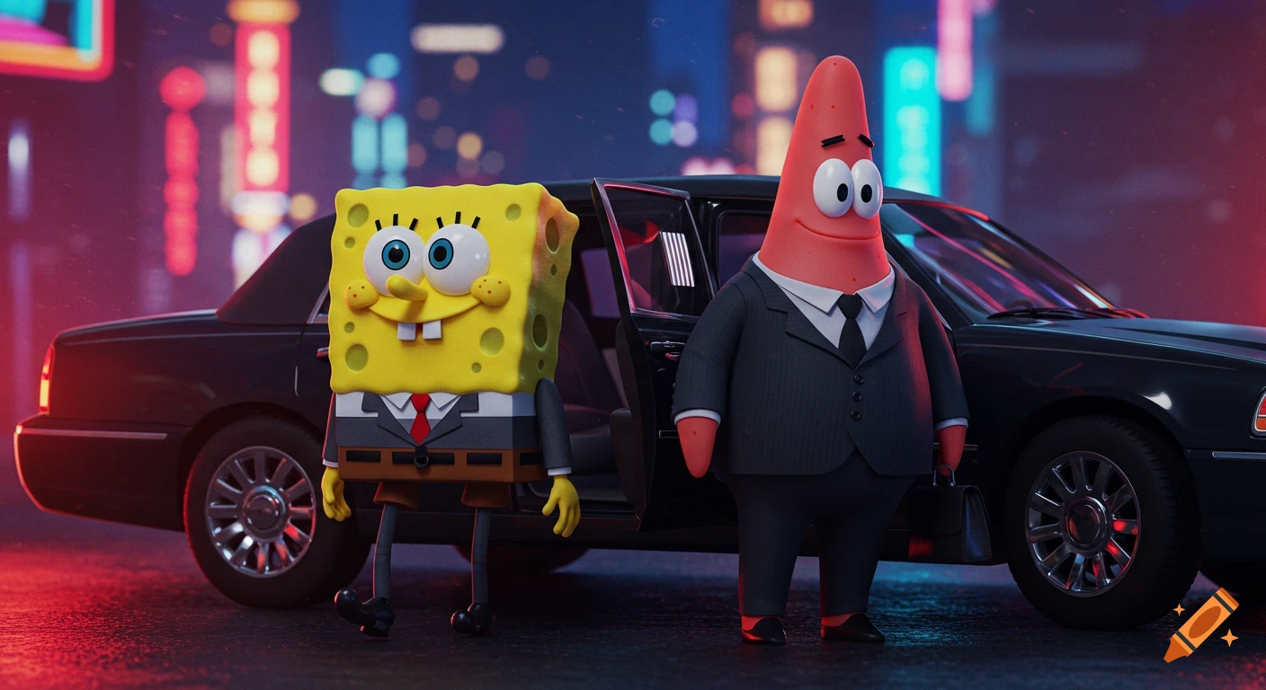 Spongebob Squarepants and Patrick Star in suits stand next to a black limousine at night with neon city lights.