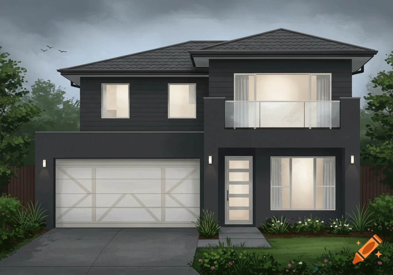 An illustration of a dark gray two-story modern house with a white garage door, a balcony, and a front garden under a cloudy sky.