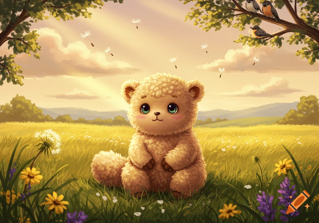 A fluffy, light brown, cute bear-like creature sits in a sunny field with wildflowers and birds in trees, in an illustrative style.