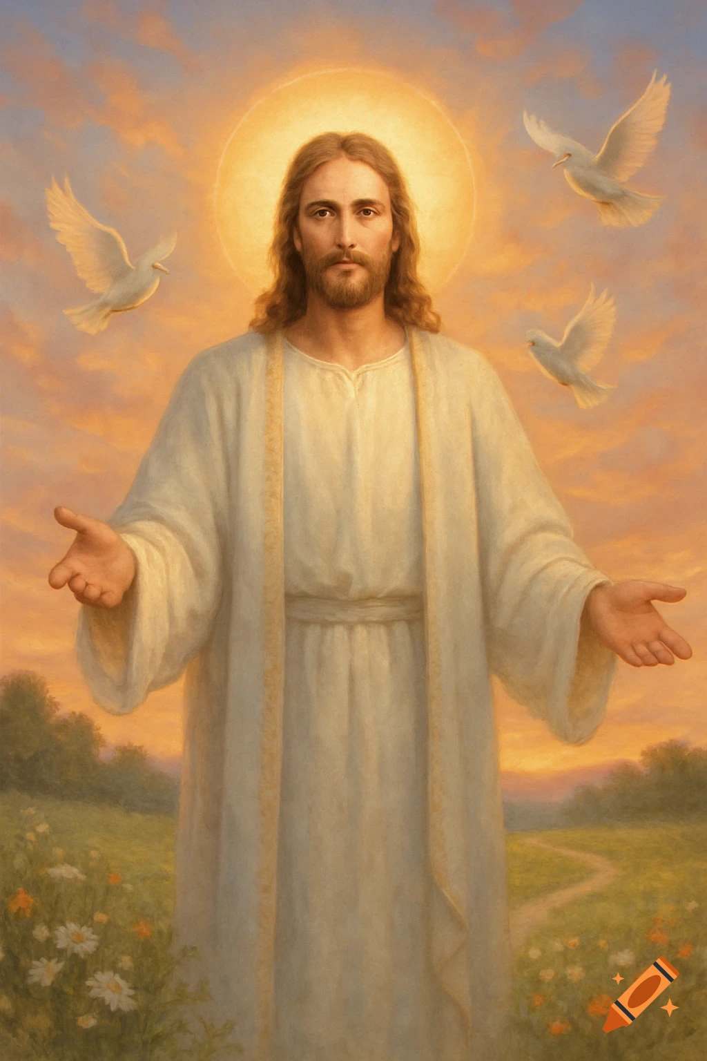 Painting of Jesus Christ with outstretched arms, surrounded by doves in a field at sunset.