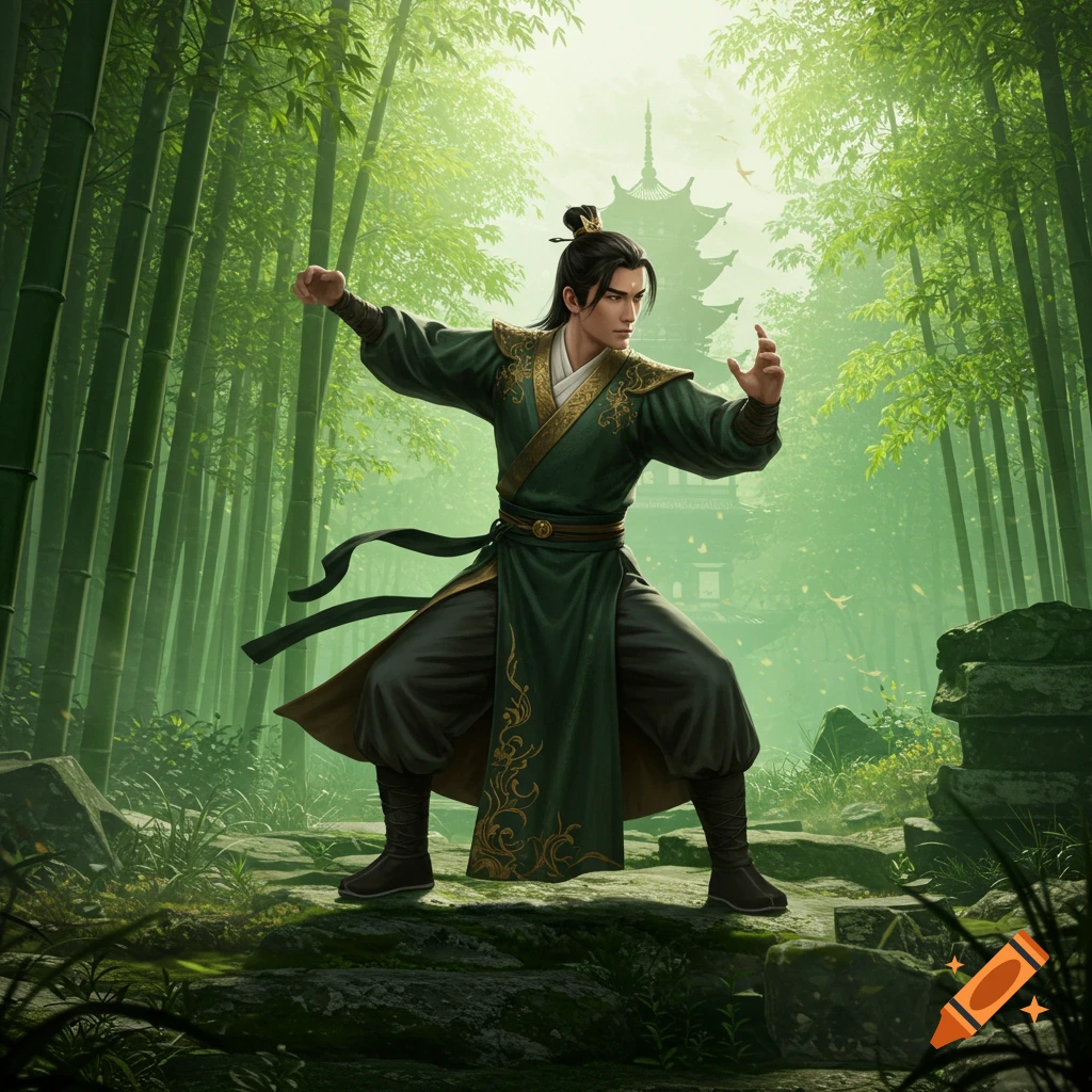 A male martial artist in a green and gold uniform strikes a dynamic pose in a lush bamboo forest with a pagoda.