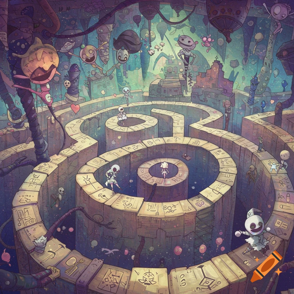 An intricate, paper-inspired witch labyrinth filled with whimsical, stylized figures and floating debris, rendered in a colorful, dreamy style.