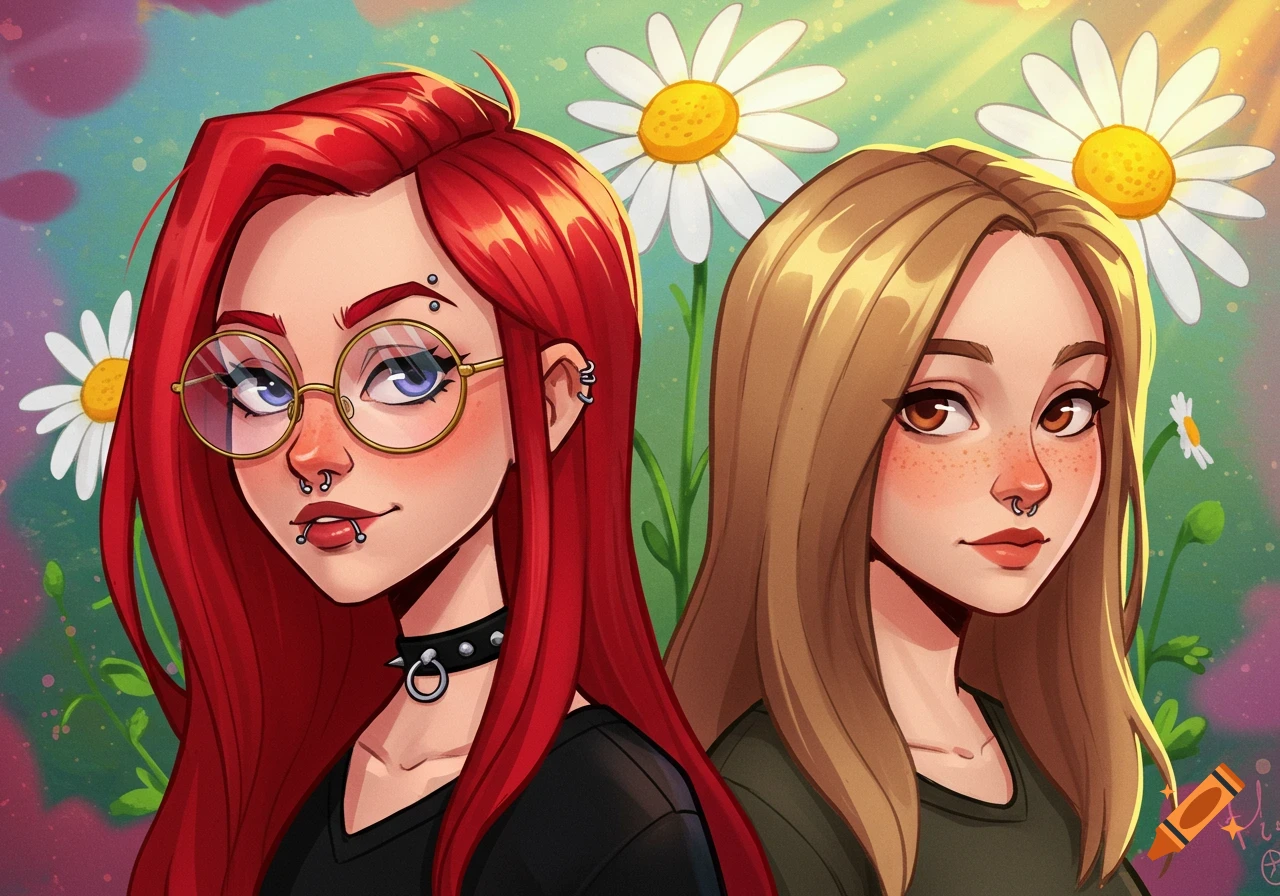 Cartoon portrait of two women. Red-haired woman with glasses and piercings. Blonde woman with freckles and a nose piercing. Daisies in background.