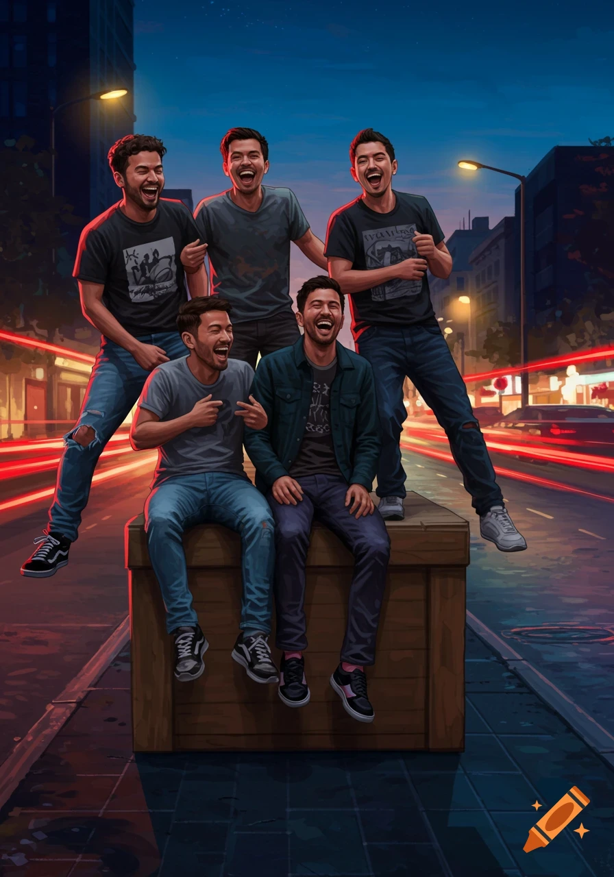 Five men, all resembling each other, laugh and pose on and around a wooden box in a stylized city street at night, with red light trails.