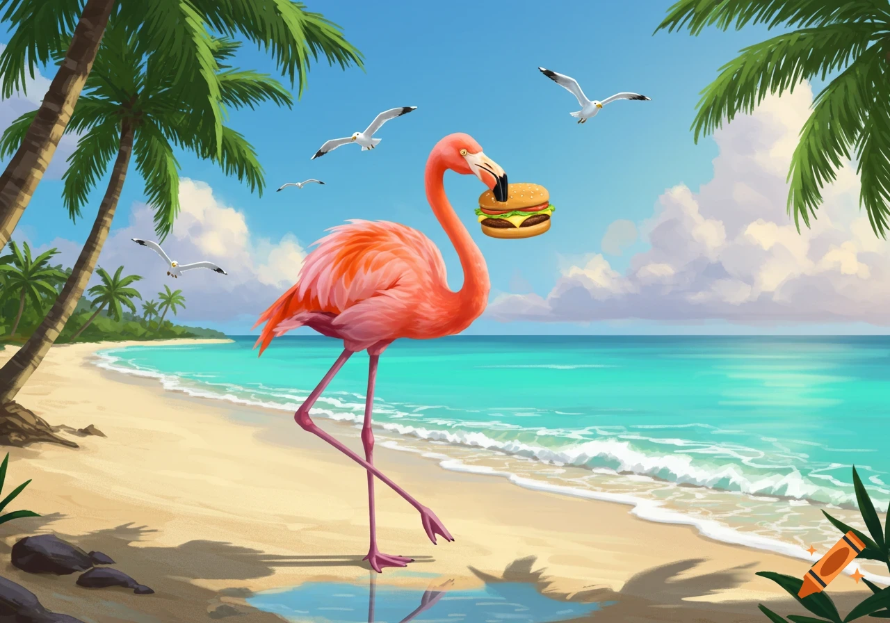 A cartoon pink flamingo stands on a sandy beach holding a hamburger in its beak, with palm trees, ocean, and seagulls.