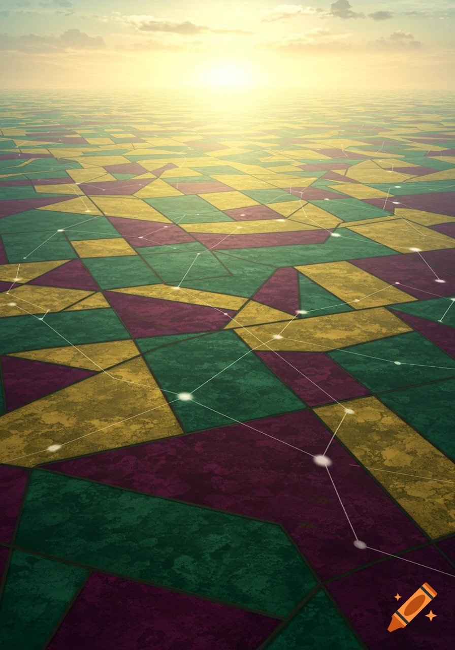 Abstract landscape of green, yellow, and maroon geometric fields connected by glowing white lines under a bright sky.