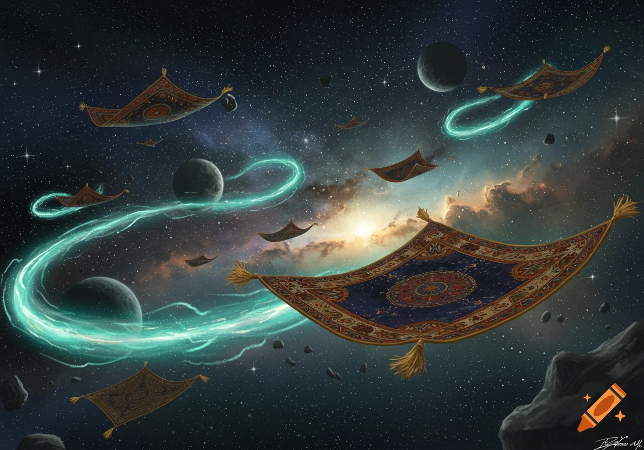 A fleet of ornate magic carpets flying through deep space, with planets and a vibrant teal nebula visible.