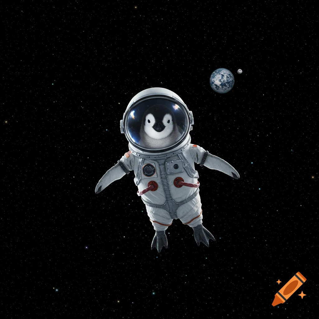 A cute penguin in a white spacesuit floats in outer space with a planet and stars in the background.