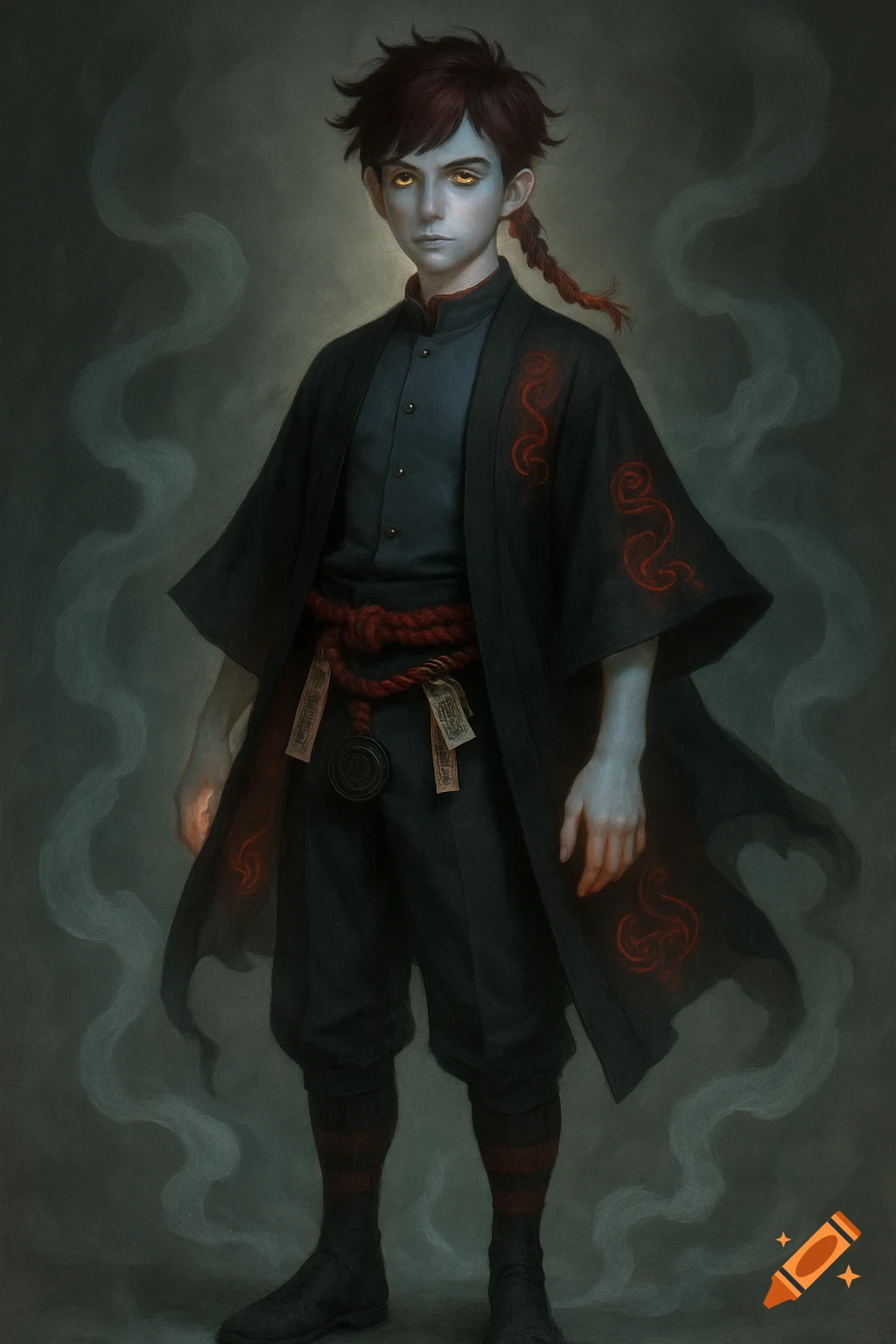 A ghostly necromancer boy with pale skin and glowing amber eyes, wearing a black kimono-inspired haori with red spiritual seals, and a red rope belt.