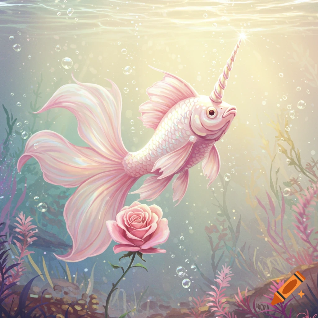 A pastel pink unicorn fish with large flowing fins swims underwater with a pink rose and bubbles, surrounded by aquatic plants.