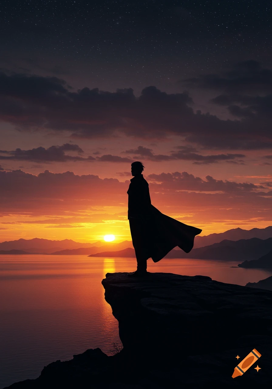Silhouette of a person in a cape on a cliff overlooking a fiery sunset over a lake with mountains and a starry sky.