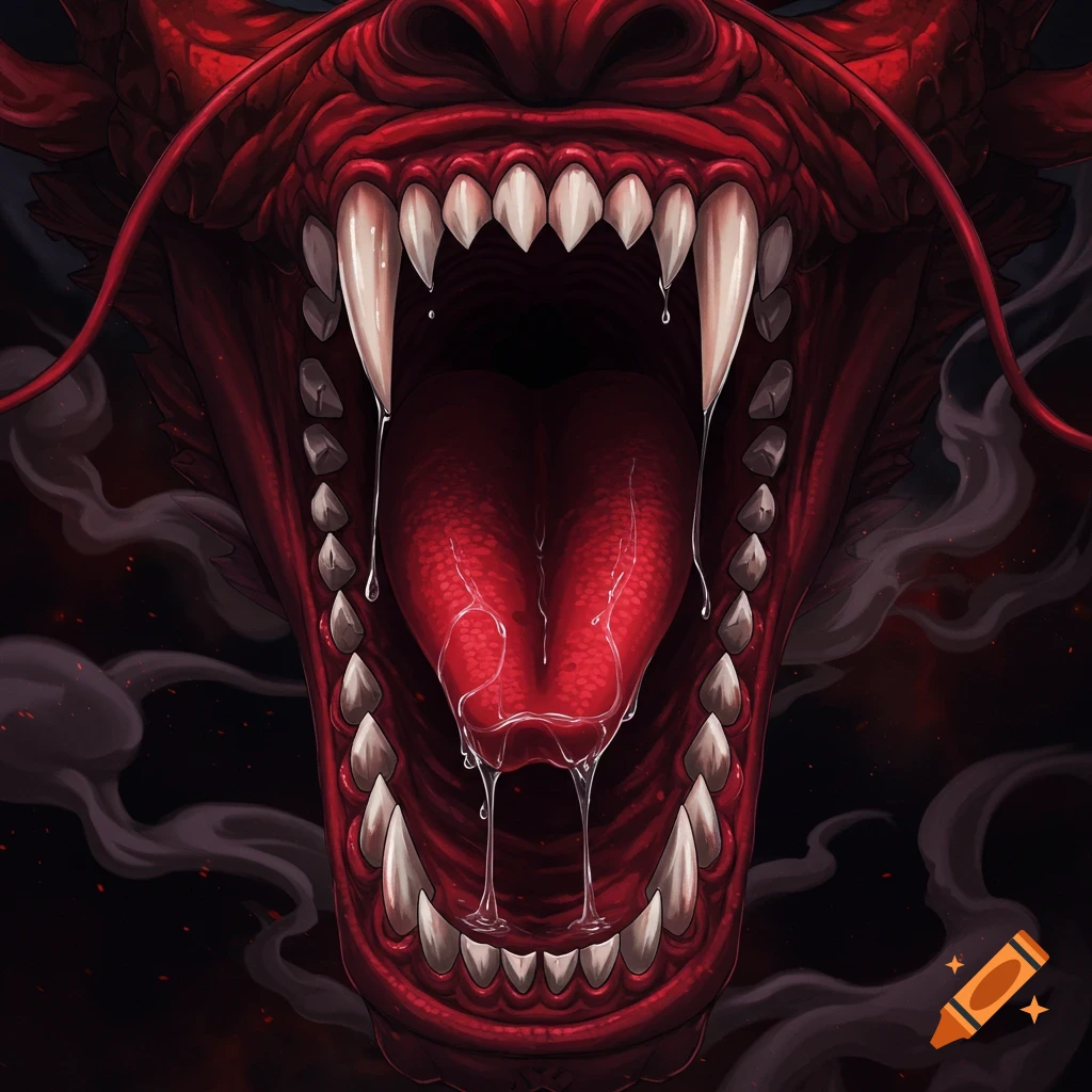 Close-up of a red dragon's open mouth, showing sharp fangs, a wet tongue, and dripping saliva, in an anime style.