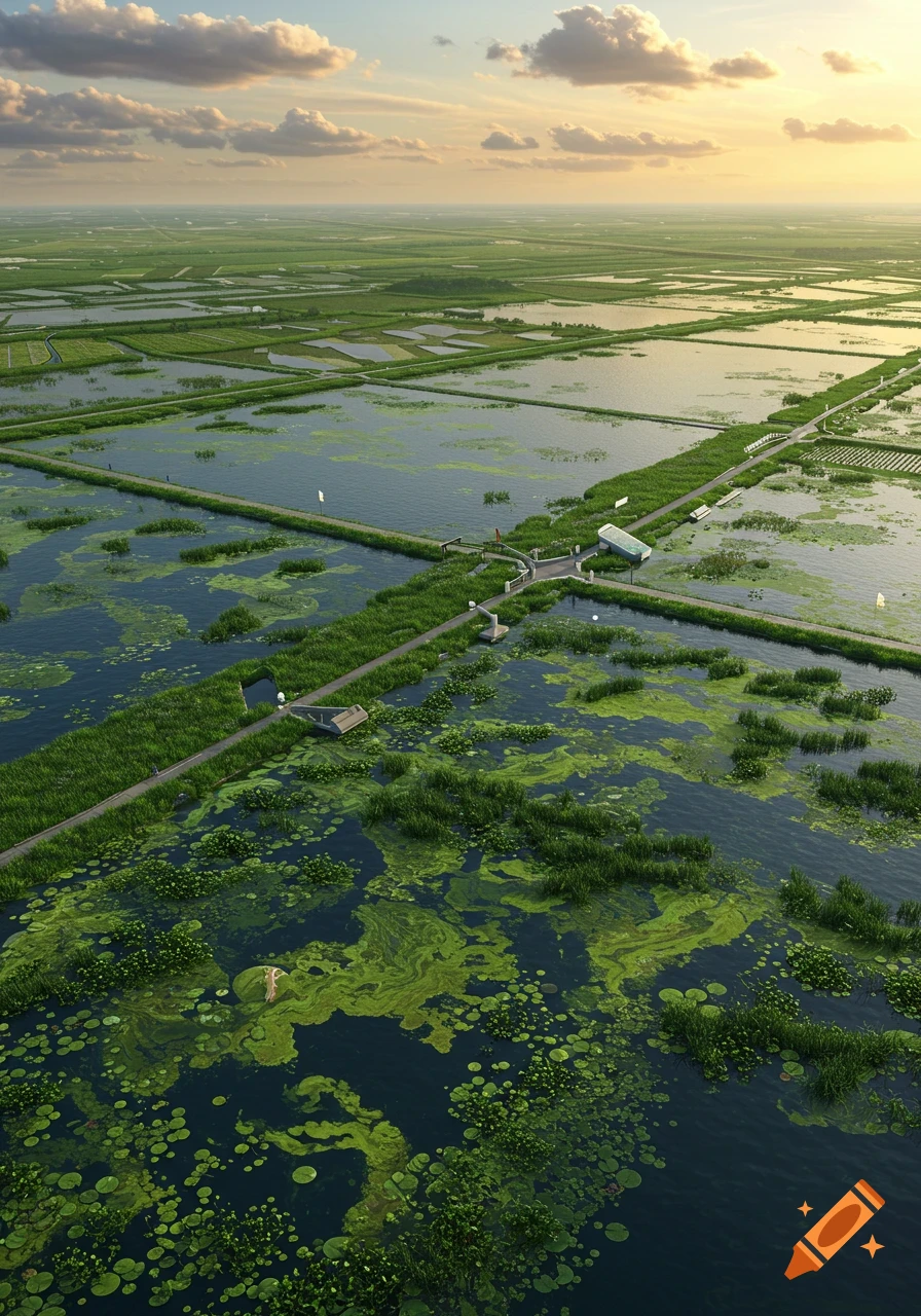 A photorealistic aerial view of a vast green wetland landscape with waterways, fields, and floating vegetation under a cloudy sunset sky.