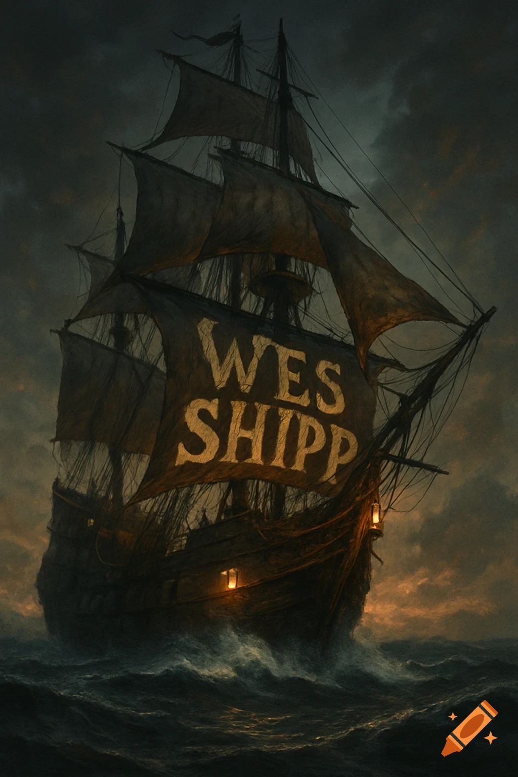 A dramatic painting of a pirate ship with 'WES SHIPP' written on its sails, sailing through stormy seas at dusk.