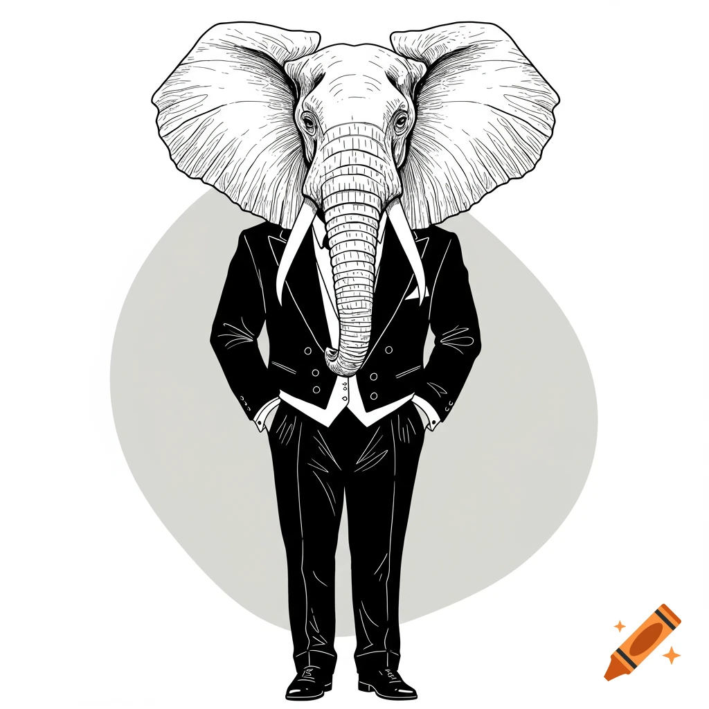 An African elephant's head on a body wearing a black tuxedo, depicted in black and white line art with a light gray oval background.
