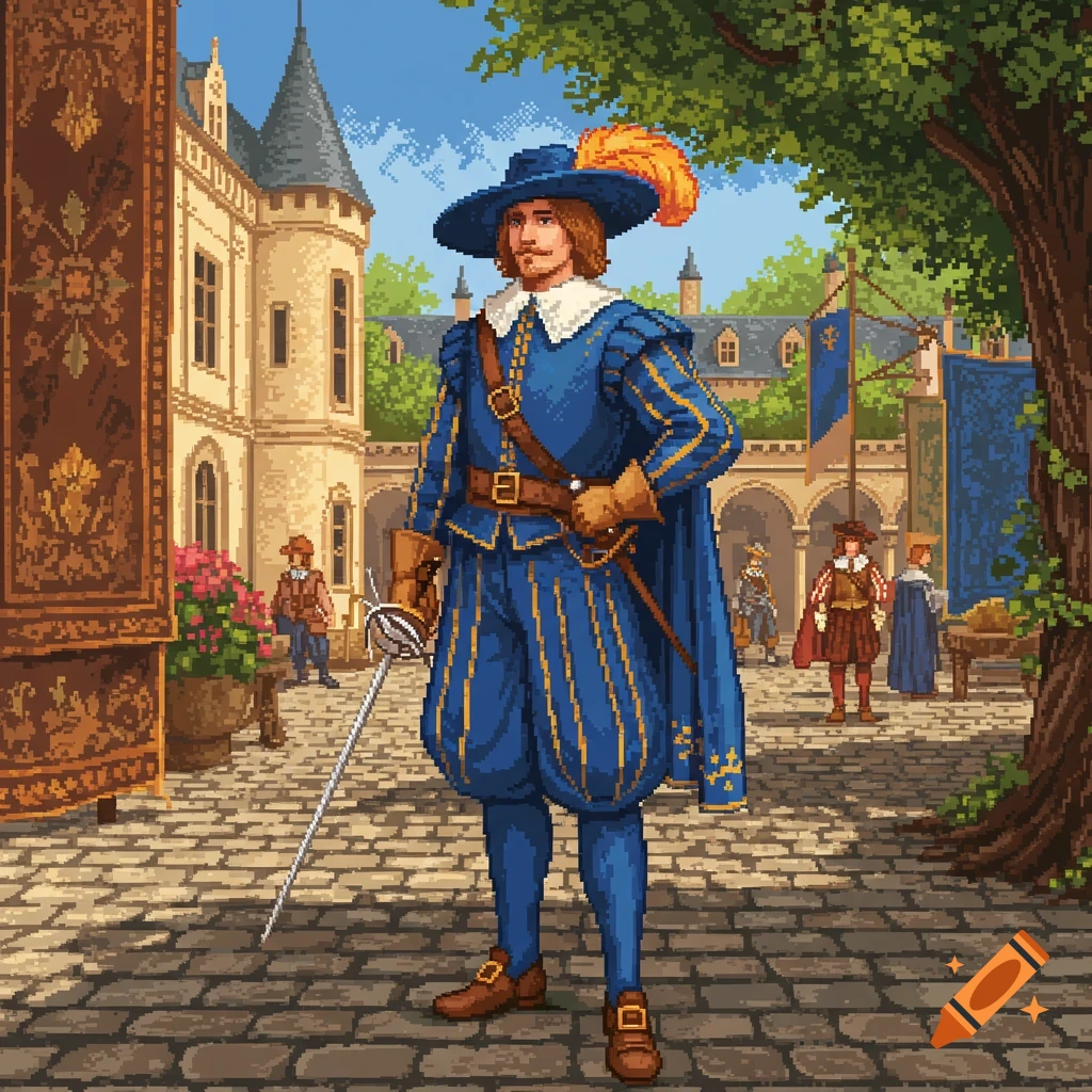 Pixel art of a French swordsman in a blue and gold outfit, holding a sword in a castle courtyard.
