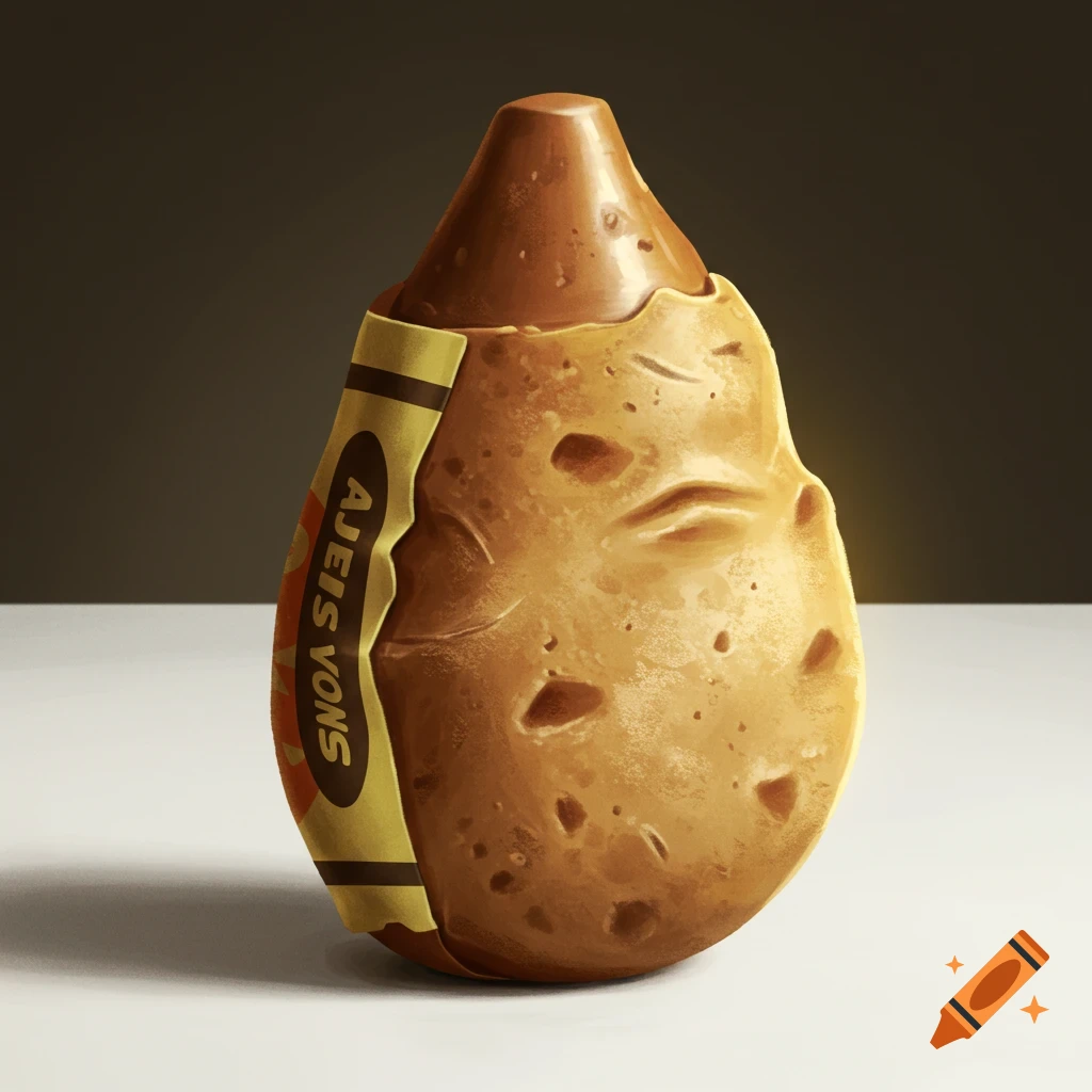 A photorealistic brown crayon resembling a potato, with a peeled label showing its textured surface.