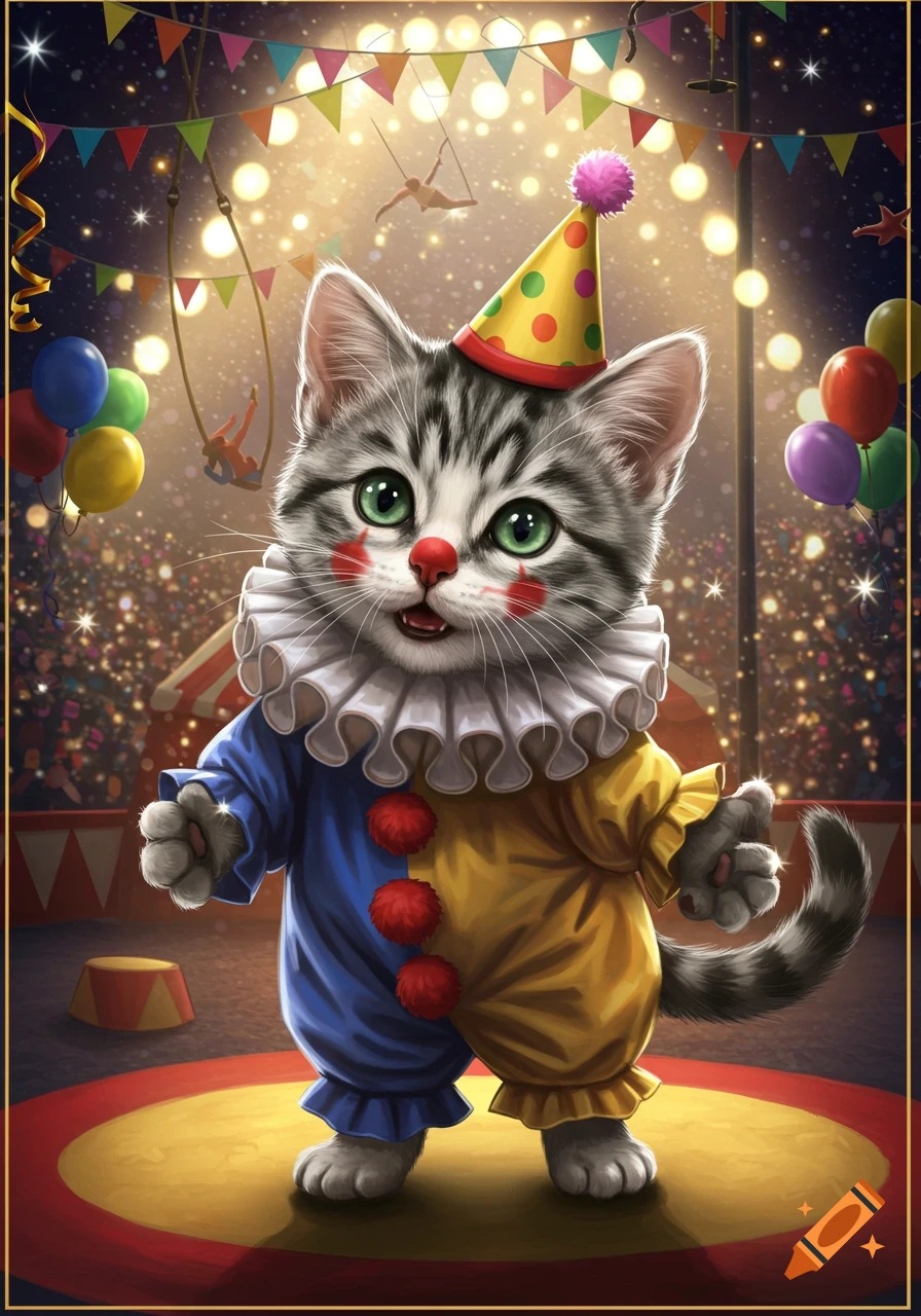 A cute grey and black tabby kitten dressed as a clown with face paint, ruffled collar, and party hat in a festive circus setting.