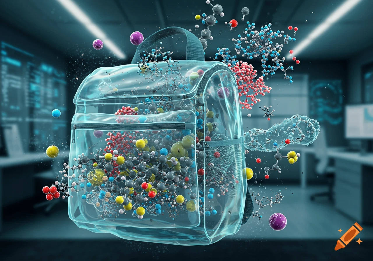 A transparent backpack overflowing with colorful molecular structures and atoms floats in a futuristic lab.