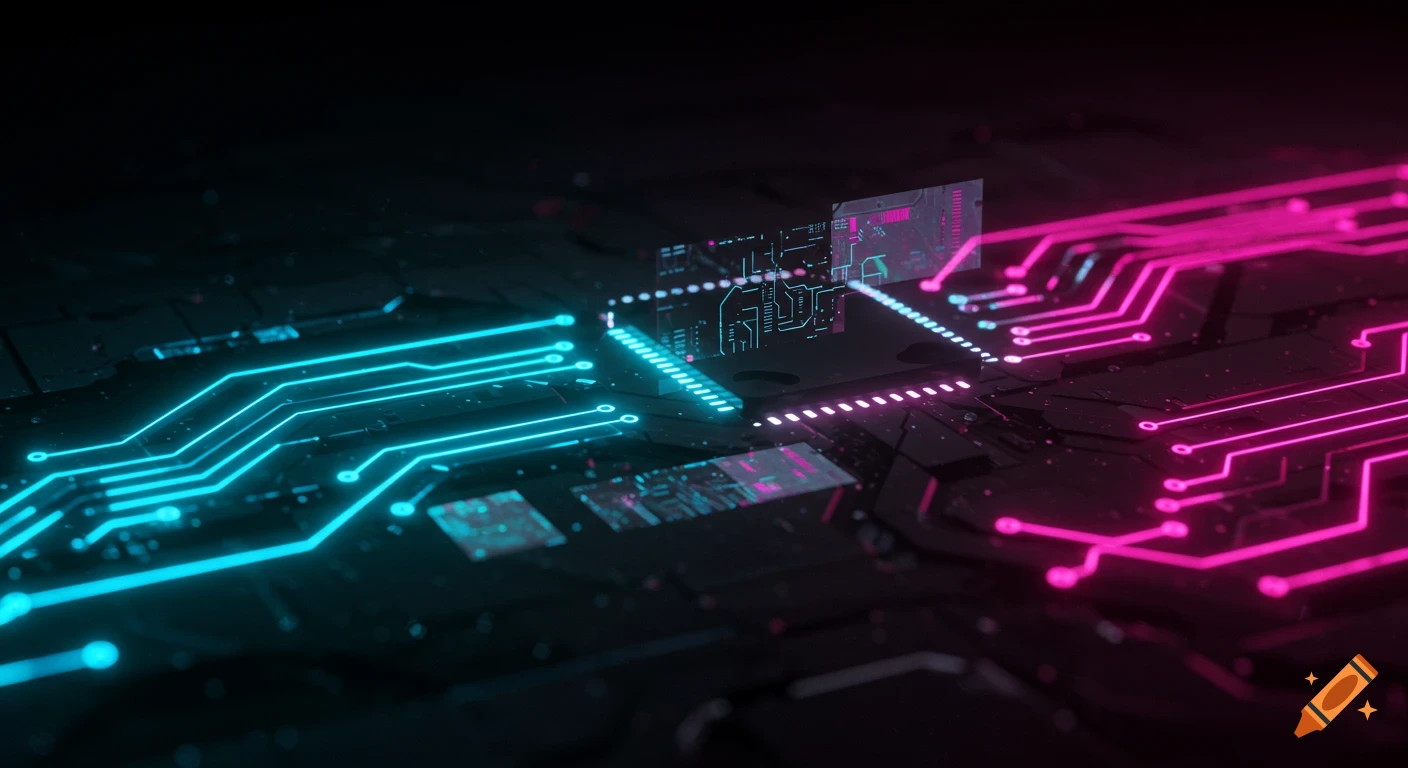 Abstract image of a circuit board glowing with neon blue and pink lines, suggesting technology or a digital network.