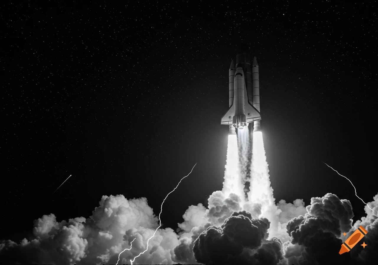 Black and white space shuttle launching at night with exhaust, stars, and lightning.