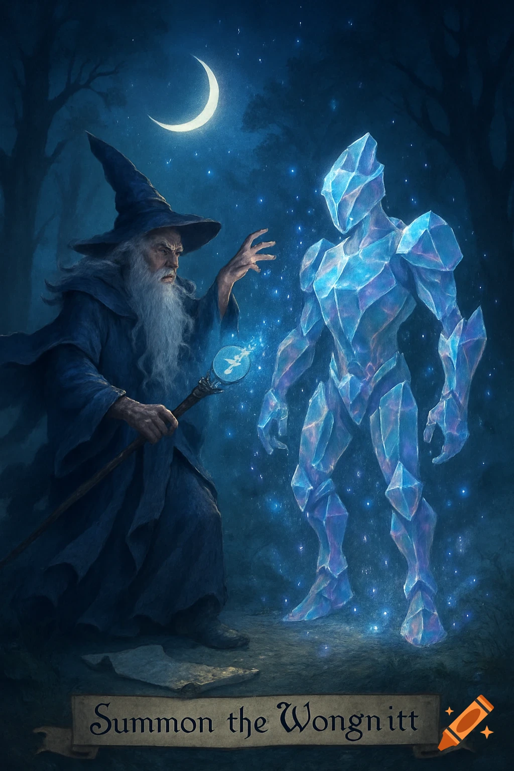 A wizard in a blue robe summons a shimmering blue crystal golem in a dark, moonlit forest, with text 'Summon the Wongnitt'.