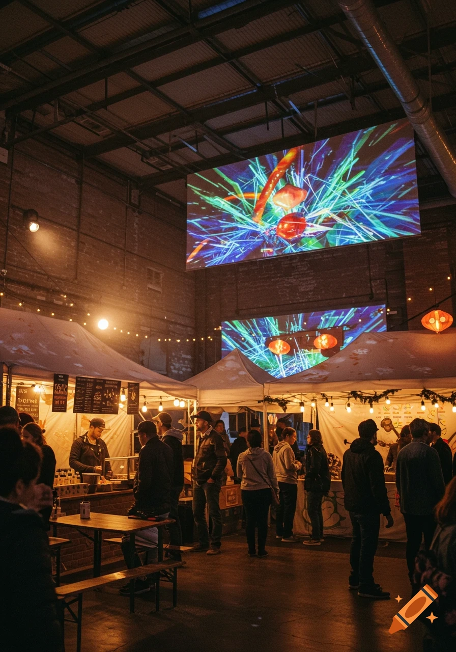 A bustling indoor night market with numerous stalls, people browsing, and large screens displaying vibrant digital art on the walls.
