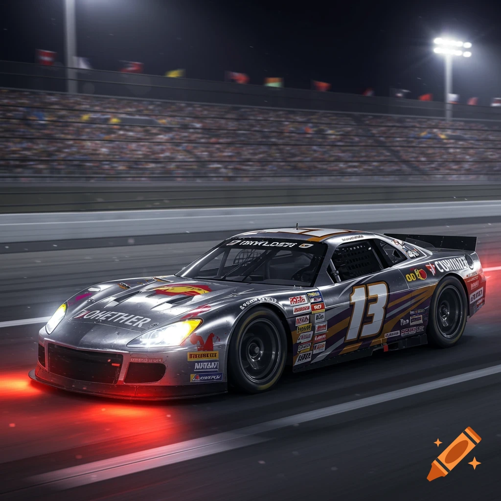 A silver stock race car with a number 13 on its side speeds down a track at night, with bright headlights and red glowing undersides.