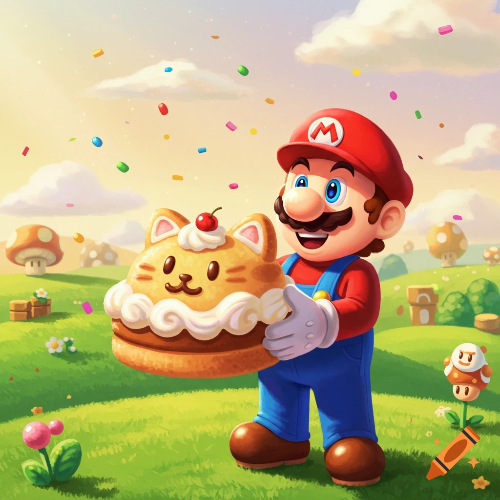 Cartoon Mario holds a cat-shaped cake in a sunny green landscape with falling confetti and mushrooms.